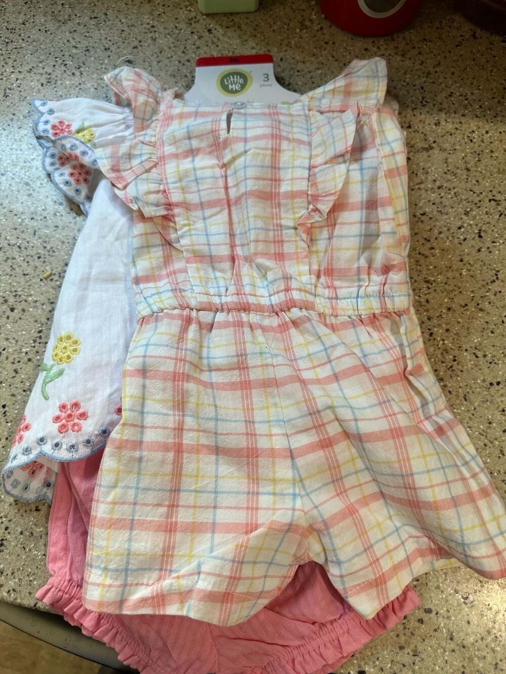 Little Me 3-Piece Dresswear Set Pastel Plaid Romper and Embroidered Top